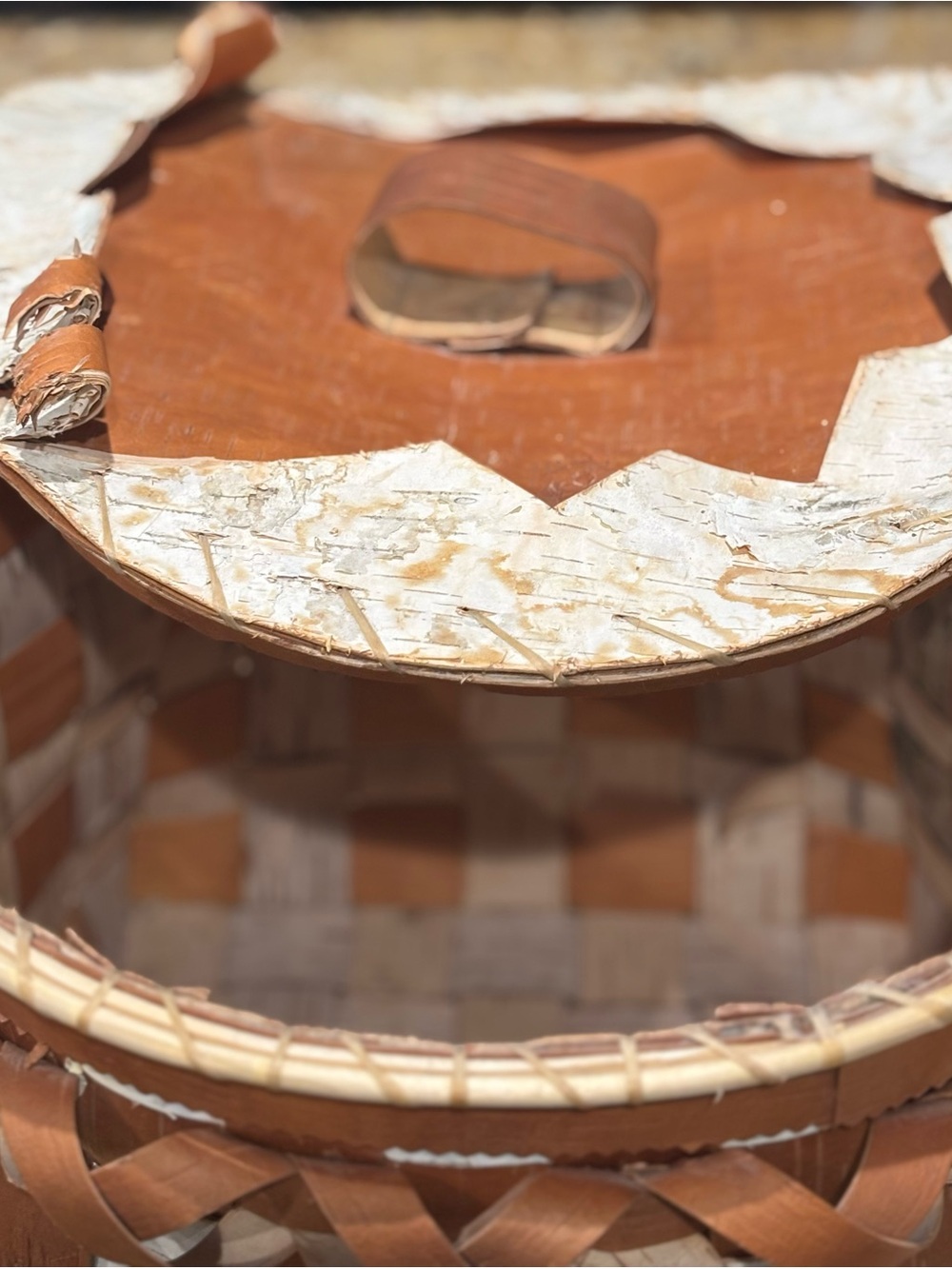 Woven birch bark Basket with Strap - Tan & Natural